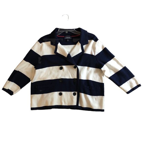 Lands End Nautical Stripe Cardigan Jacket Womens L Double Breasted Navy Cotton - Picture 8 of 13